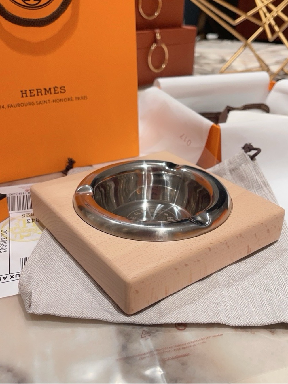 Hermes Stainless Steel Ashtray with Light Wood Base - Silver and Natural